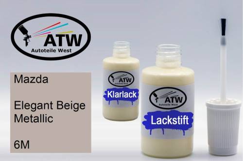 Mazda, Elegant Beige Metallic, 6M: 20ml Lackstift + 20ml Klarlack - Set, von ATW Autoteile West.